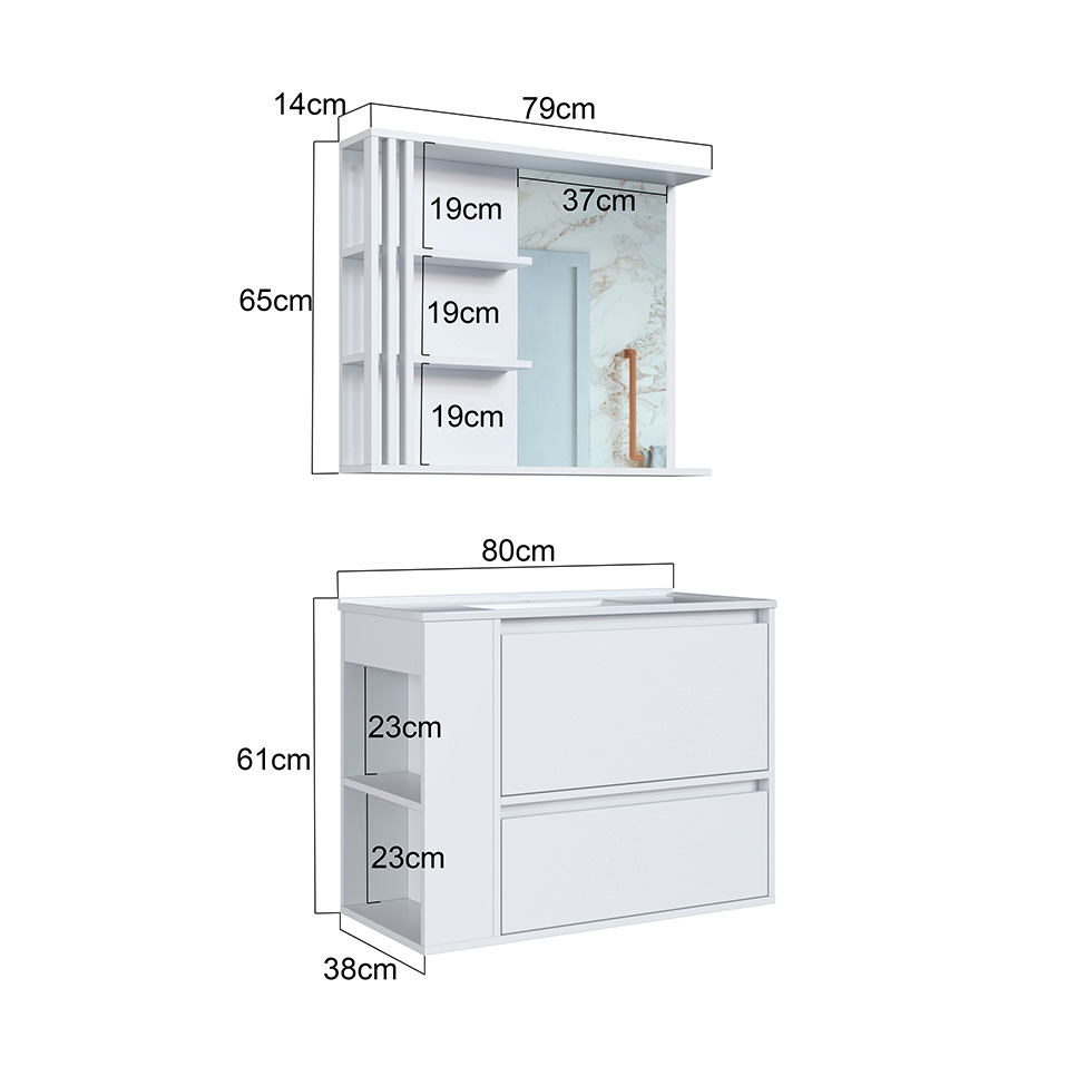 Conjunto de Gabinete com Lavatório Estela e Armário de Banheiro com Espelho 1 PT 1 GV Branco