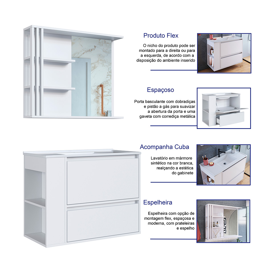 Conjunto de Gabinete com Lavatório Estela e Armário de Banheiro com Espelho 1 PT 1 GV Branco
