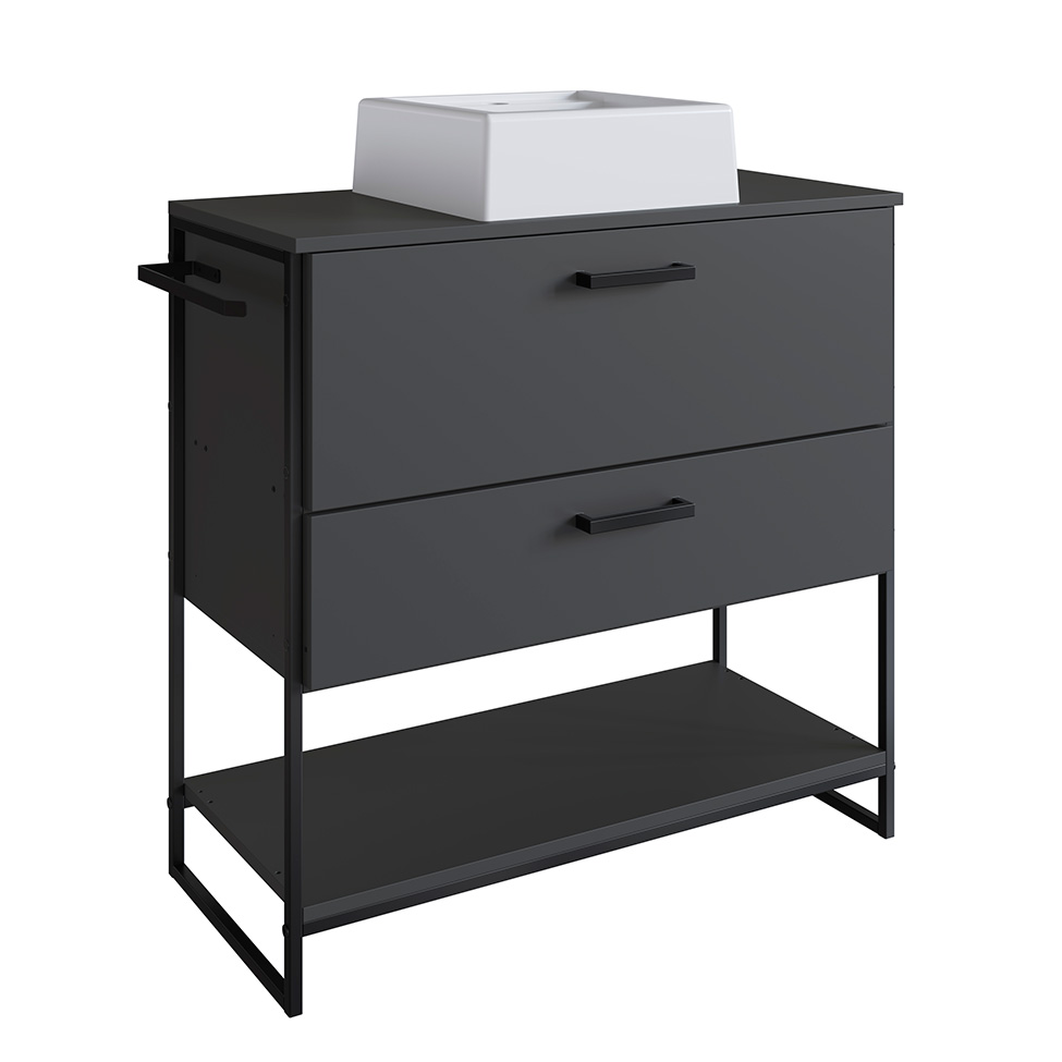 Conjunto de Gabinete de Banheiro Paricel 1 PT e 1 GV com Cuba Ametista Branca e Espelheira Angel 1 PT Preto e Grafite