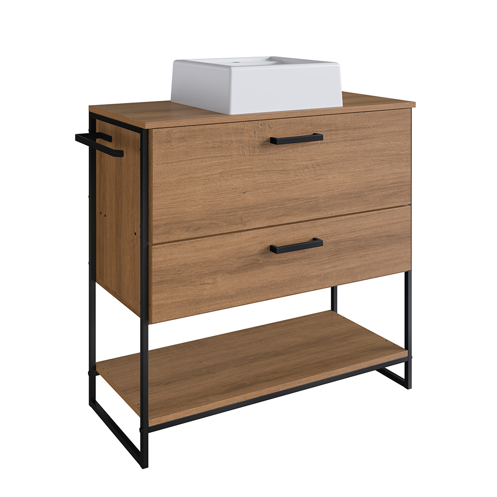 Conjunto de Gabinete de Banheiro Paricel 1 PT e 1 GV com Cuba Ametista Branca e Espelheira Angel 1 PT Preto e Mel