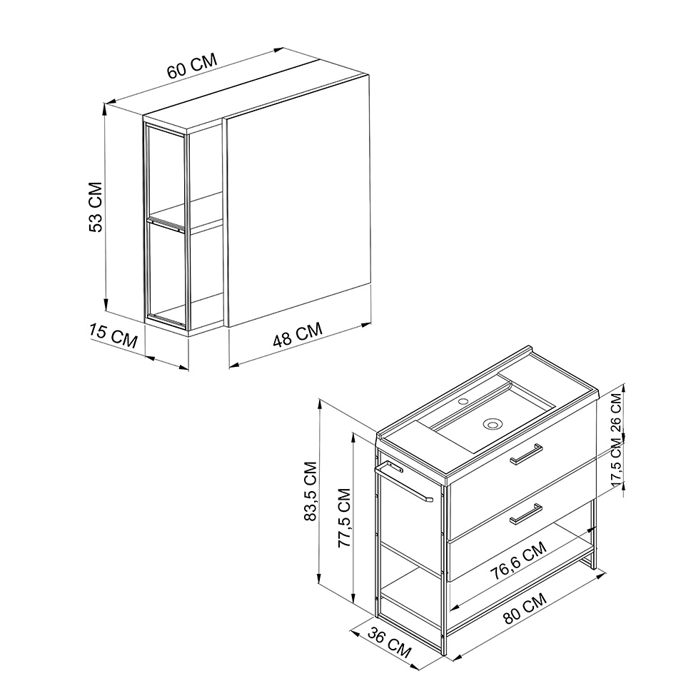 Conjunto de Gabinete de Banheiro com Lavatório Stela 1 PT e 1 GV e Espelheira Angel 1 PT Preto e Mel