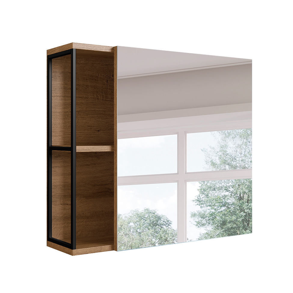 Conjunto de Gabinete de Banheiro com Lavatório Stela 1 PT e 1 GV e Espelheira Angel 1 PT Preto e Mel
