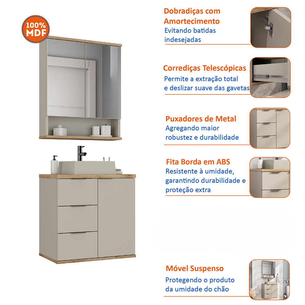Conjunto de Gabinete e Armário de Banheiro com Espelho Aqua 3 Portas 3 Gavetas Nude e Carvalho