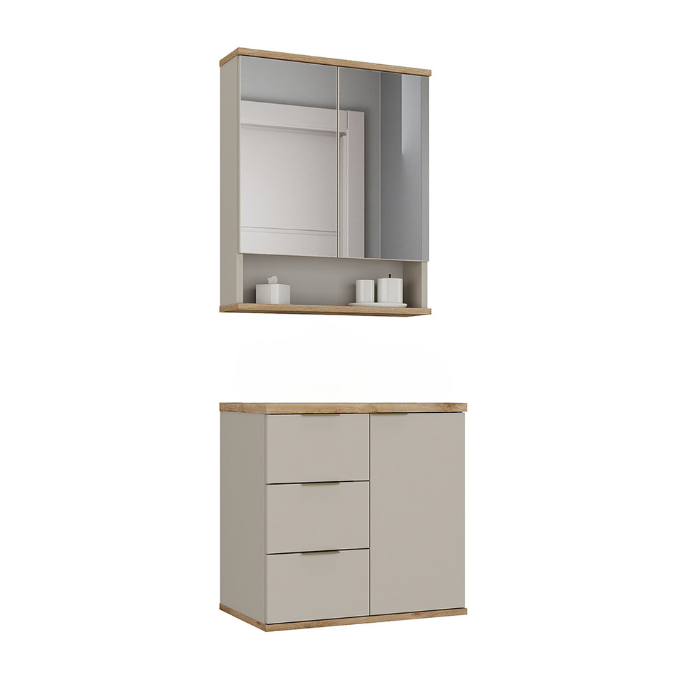 Conjunto de Gabinete e Armário de Banheiro com Espelho Aqua 3 Portas 3 Gavetas Nude e Carvalho