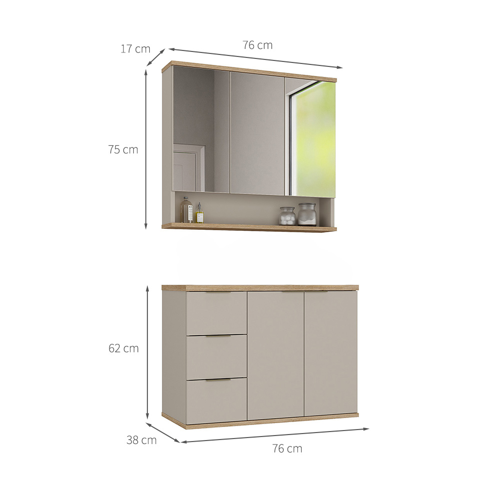 Conjunto de Gabinete e Armário de Banheiro com Espelho Aqua 5 Portas 3 Gavetas Nude e Carvalho
