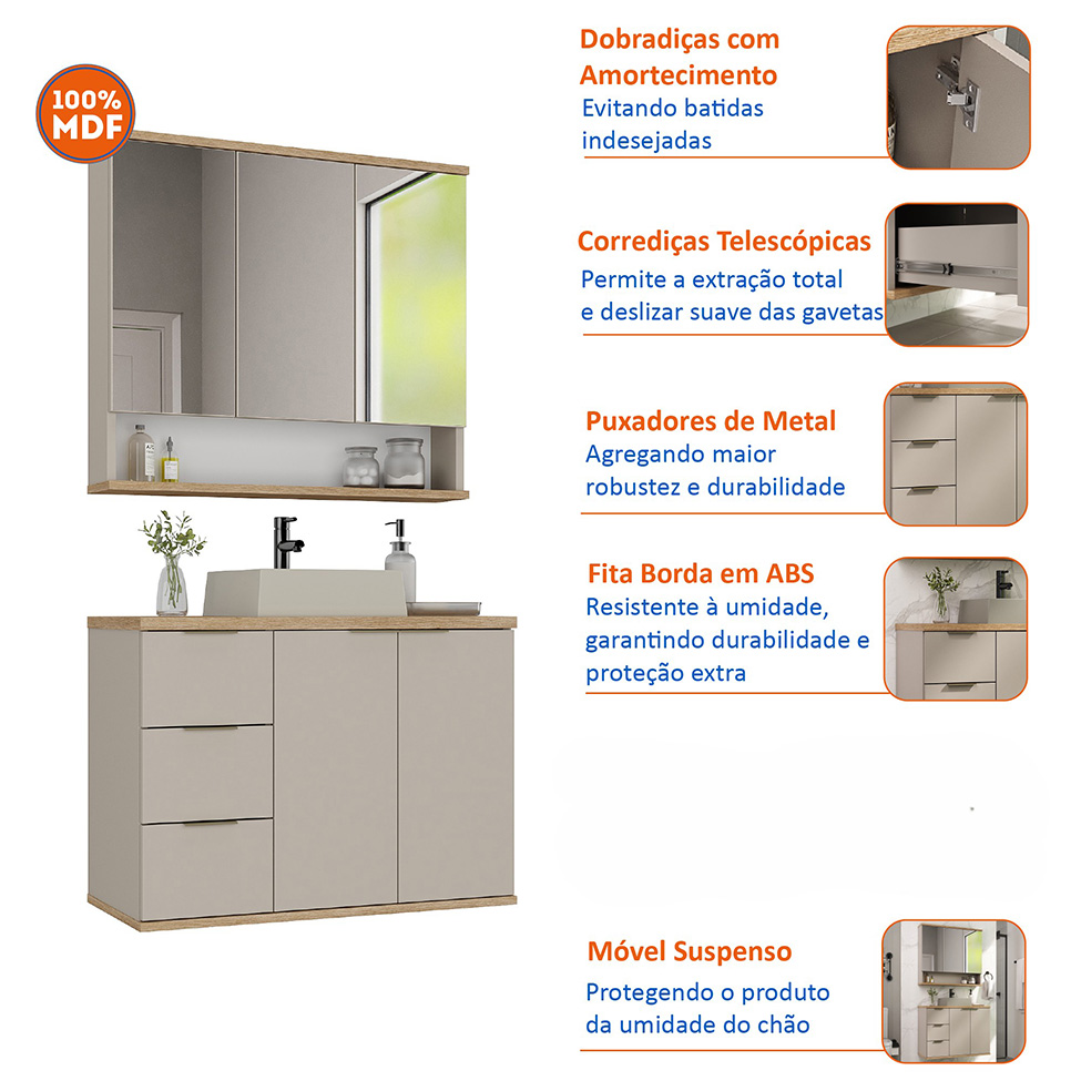 Conjunto de Gabinete e Armário de Banheiro com Espelho Aqua 5 Portas 3 Gavetas Nude e Carvalho