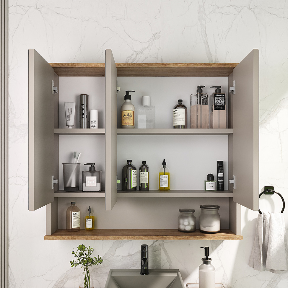 Conjunto de Gabinete e Armário de Banheiro com Espelho Aqua 5 Portas 3 Gavetas Nude e Carvalho