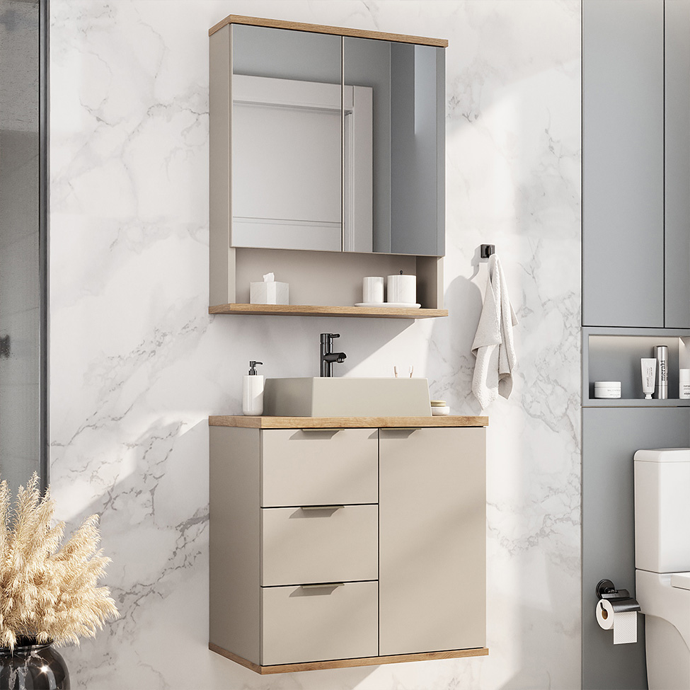 Conjunto de Gabinete e Armário de Banheiro com Espelho Aqua I 3 Portas 3 Gavetas Nude e Carvalho