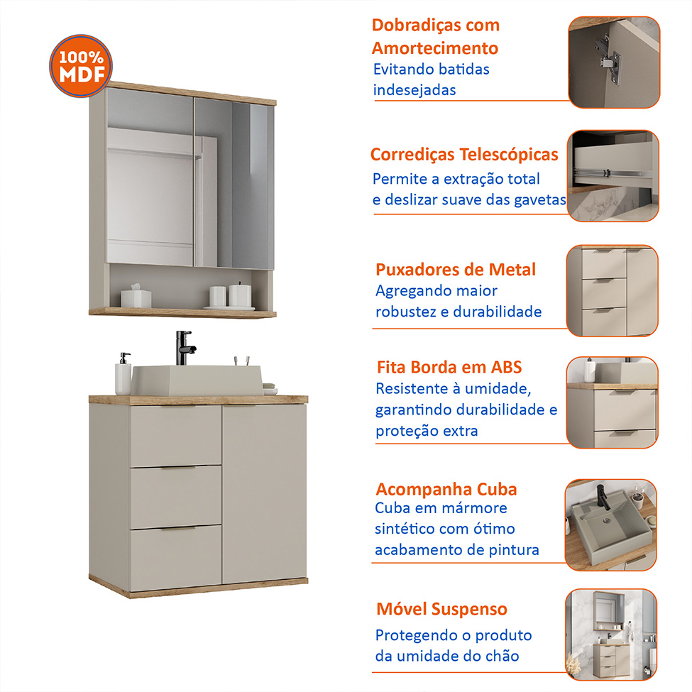 Conjunto de Gabinete e Armário de Banheiro com Espelho Aqua I 3 Portas 3 Gavetas Nude e Carvalho