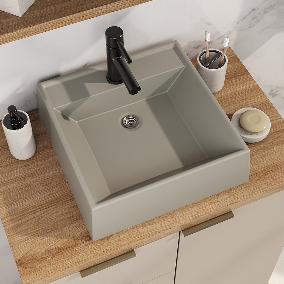 Conjunto de Gabinete e Armário de Banheiro com Espelho Aqua I 3 Portas 3 Gavetas Nude e Carvalho