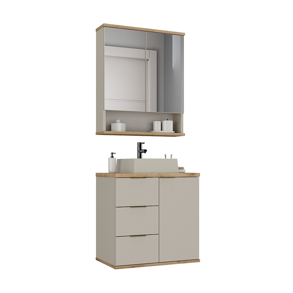 Conjunto de Gabinete e Armário de Banheiro com Espelho Aqua I 3 Portas 3 Gavetas Nude e Carvalho