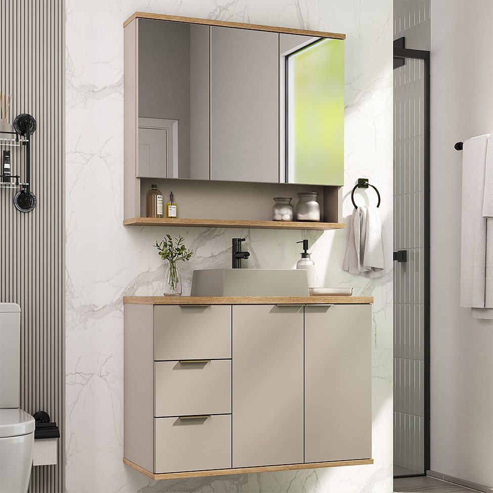 Conjunto de Gabinete e Armário de Banheiro com Espelho Aqua II 5 Portas 3 Gavetas Nude e Carvalho