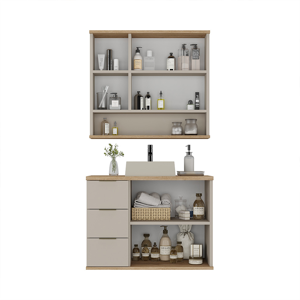 Conjunto de Gabinete e Armário de Banheiro com Espelho Aqua II 5 Portas 3 Gavetas Nude e Carvalho