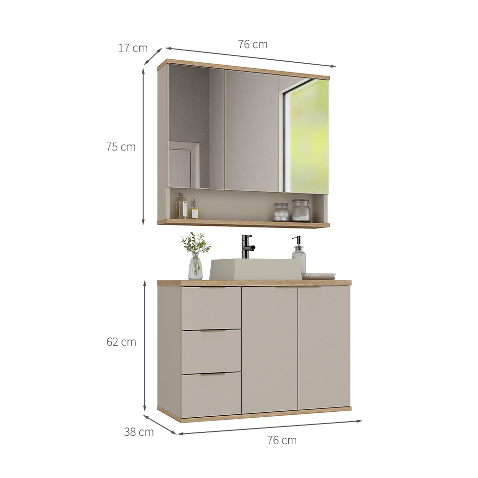 Conjunto de Gabinete e Armário de Banheiro com Espelho Aqua II 5 Portas 3 Gavetas Nude e Carvalho