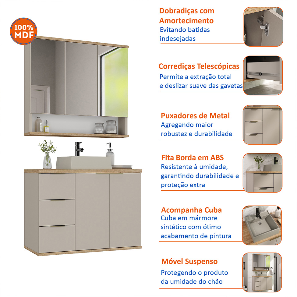 Conjunto de Gabinete e Armário de Banheiro com Espelho Aqua II 5 Portas 3 Gavetas Nude e Carvalho