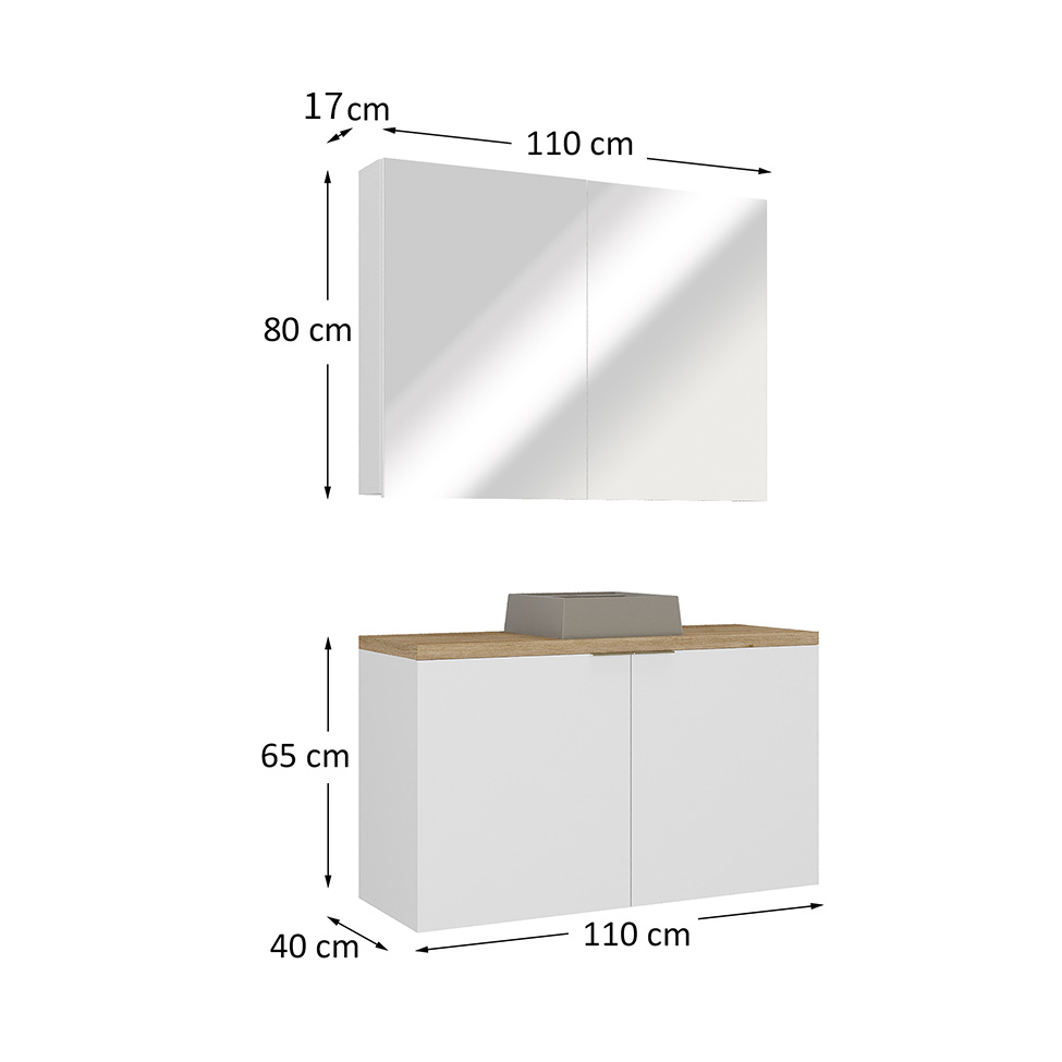 Conjunto de Gabinete e Armário de Banheiro com Espelho Nature 4 Portas Branco 110 cm