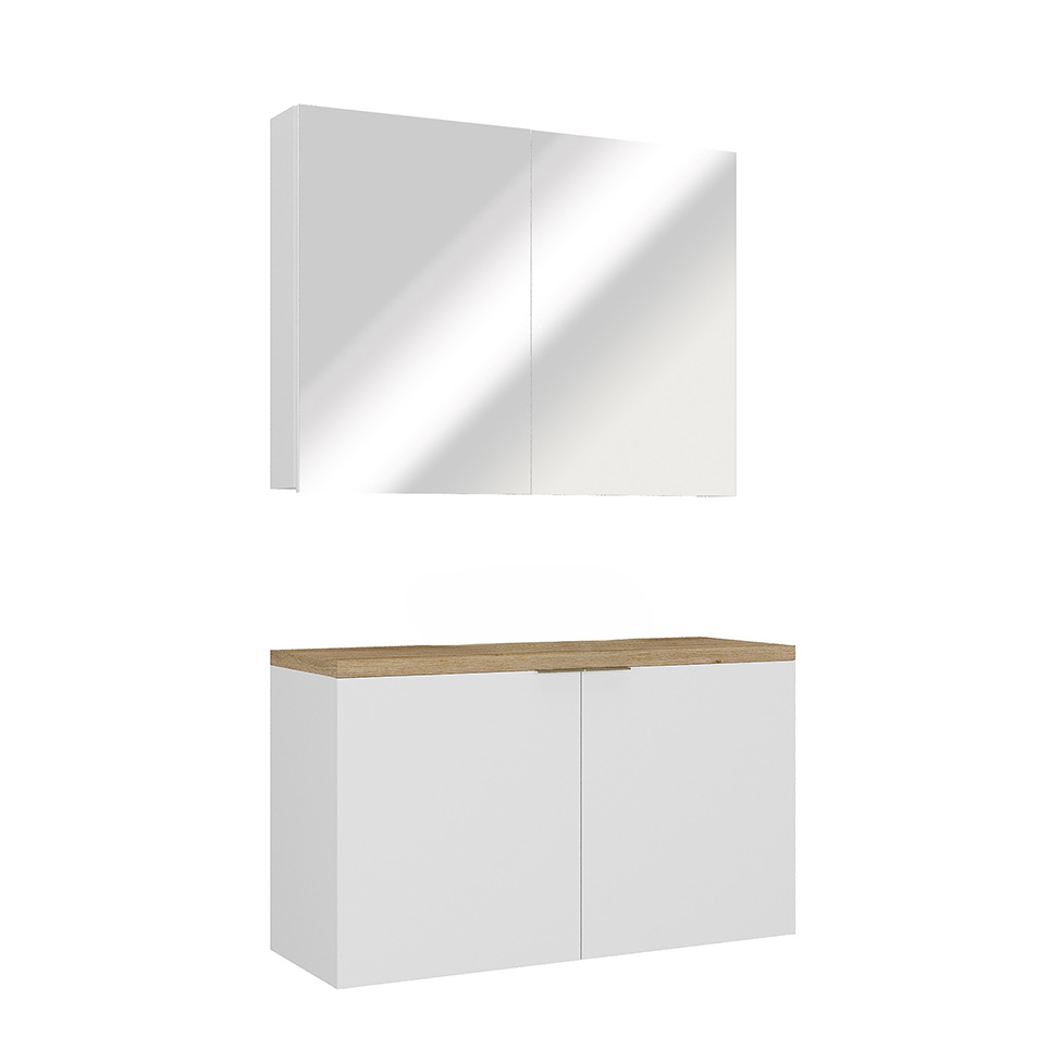 Conjunto de Gabinete e Armário de Banheiro com Espelho Nature 4 Portas Branco 110 cm