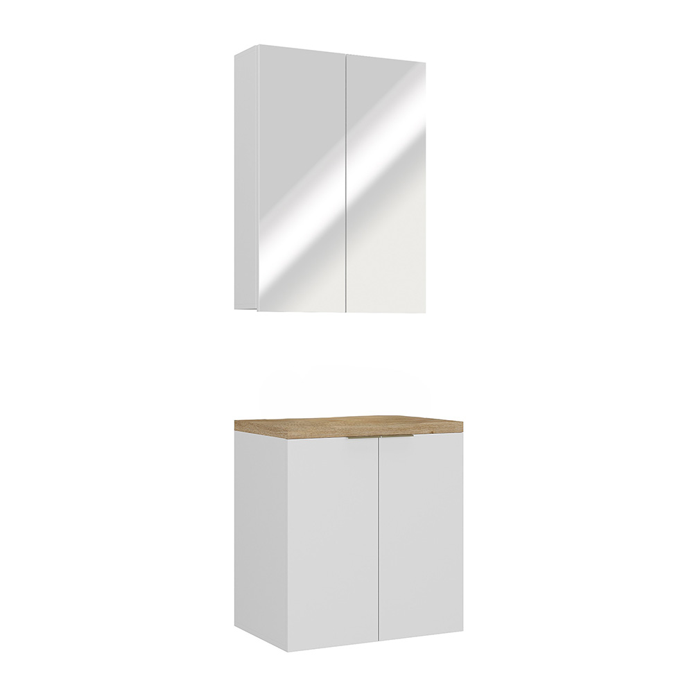 Conjunto de Gabinete e Armário de Banheiro com Espelho Nature 4 Portas Branco 60 cm