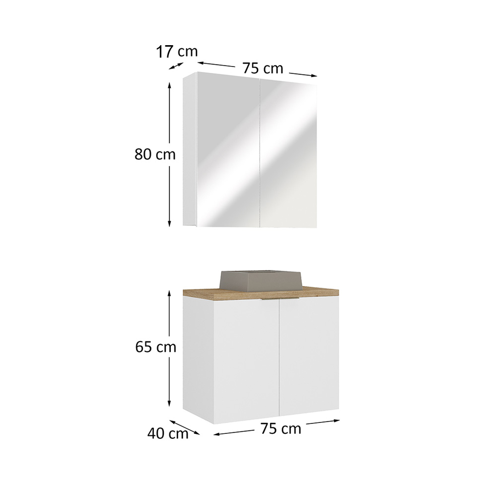 Conjunto de Gabinete e Armário de Banheiro com Espelho Nature 4 Portas Branco 75 cm