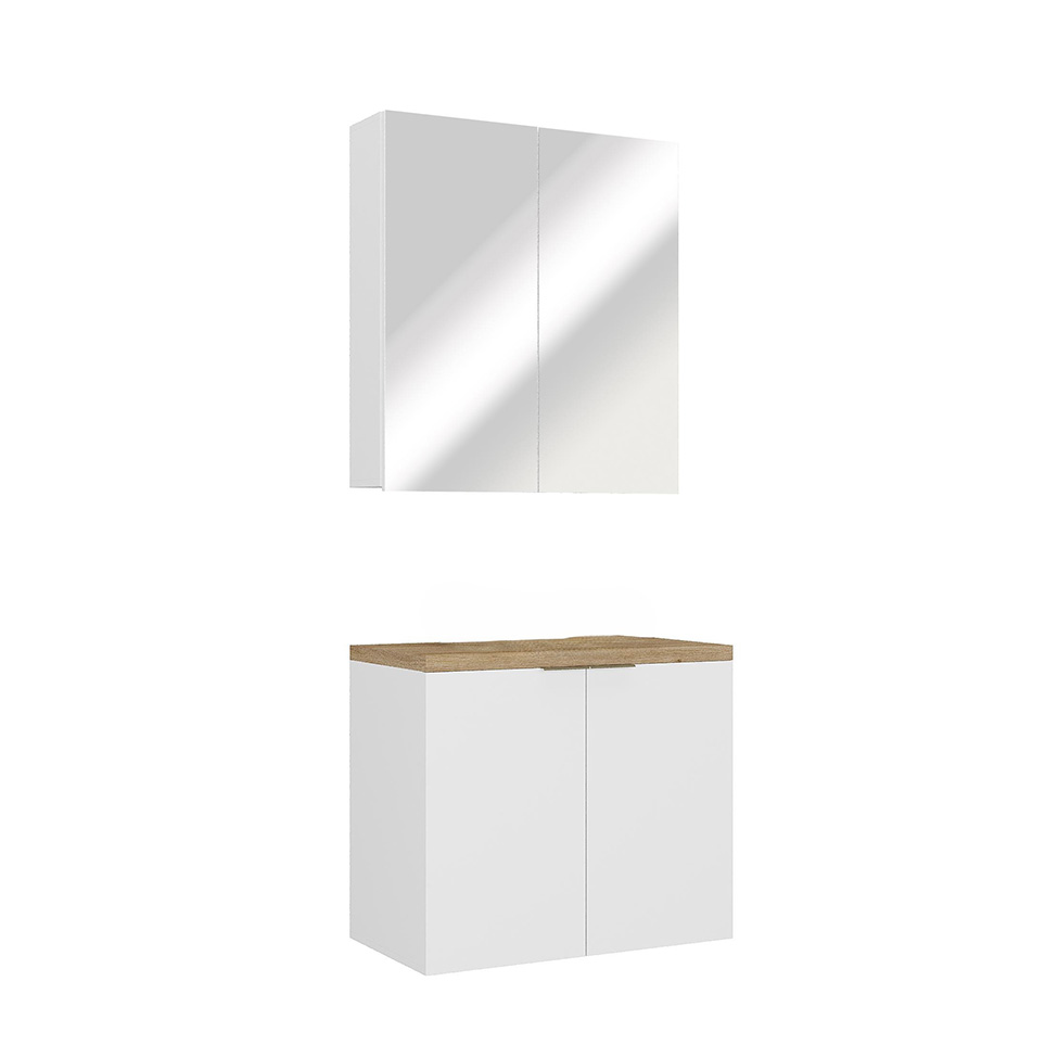 Conjunto de Gabinete e Armário de Banheiro com Espelho Nature 4 Portas Branco 75 cm