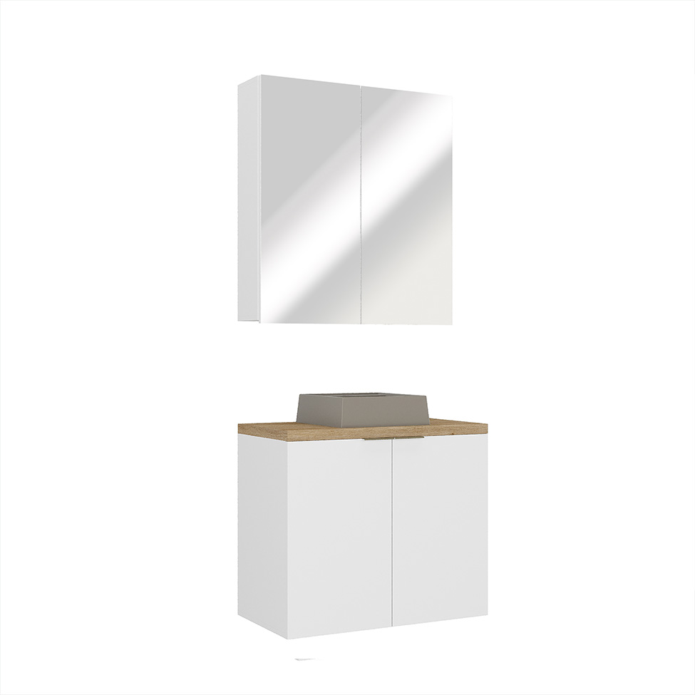 Conjunto de Gabinete e Armário de Banheiro com Espelho Nature 4 Portas Branco 75 cm