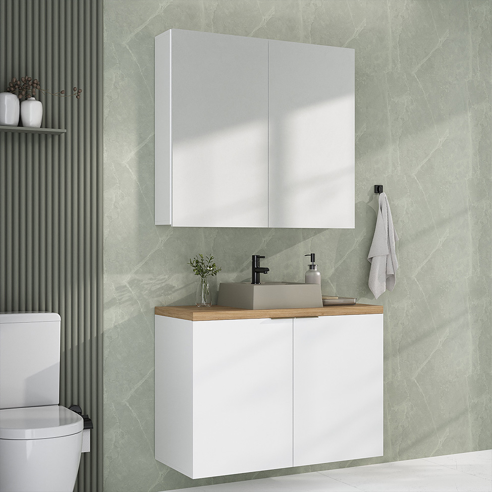 Conjunto de Gabinete e Armário de Banheiro com Espelho Nature 4 Portas Branco 90 cm