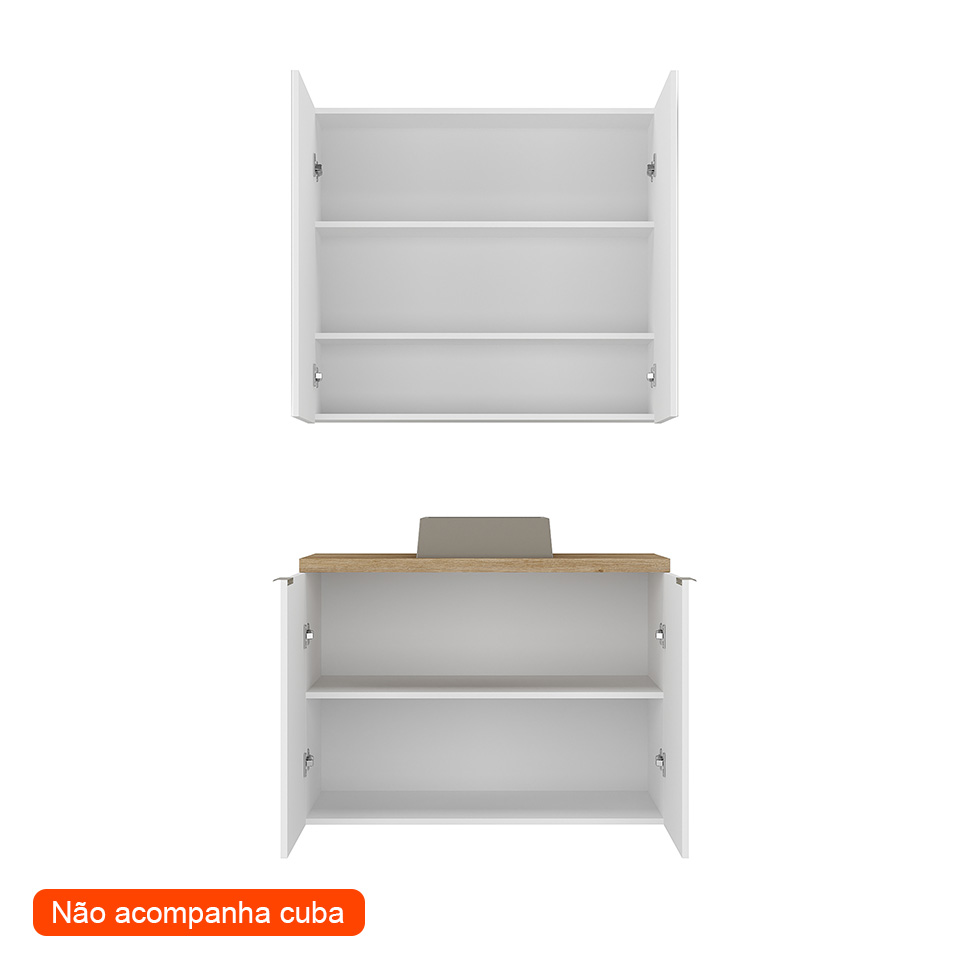 Conjunto de Gabinete e Armário de Banheiro com Espelho Nature 4 Portas Branco 90 cm