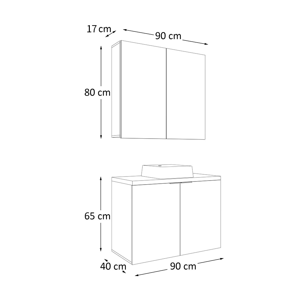 Conjunto de Gabinete e Armário de Banheiro com Espelho Nature 4 Portas Branco 90 cm