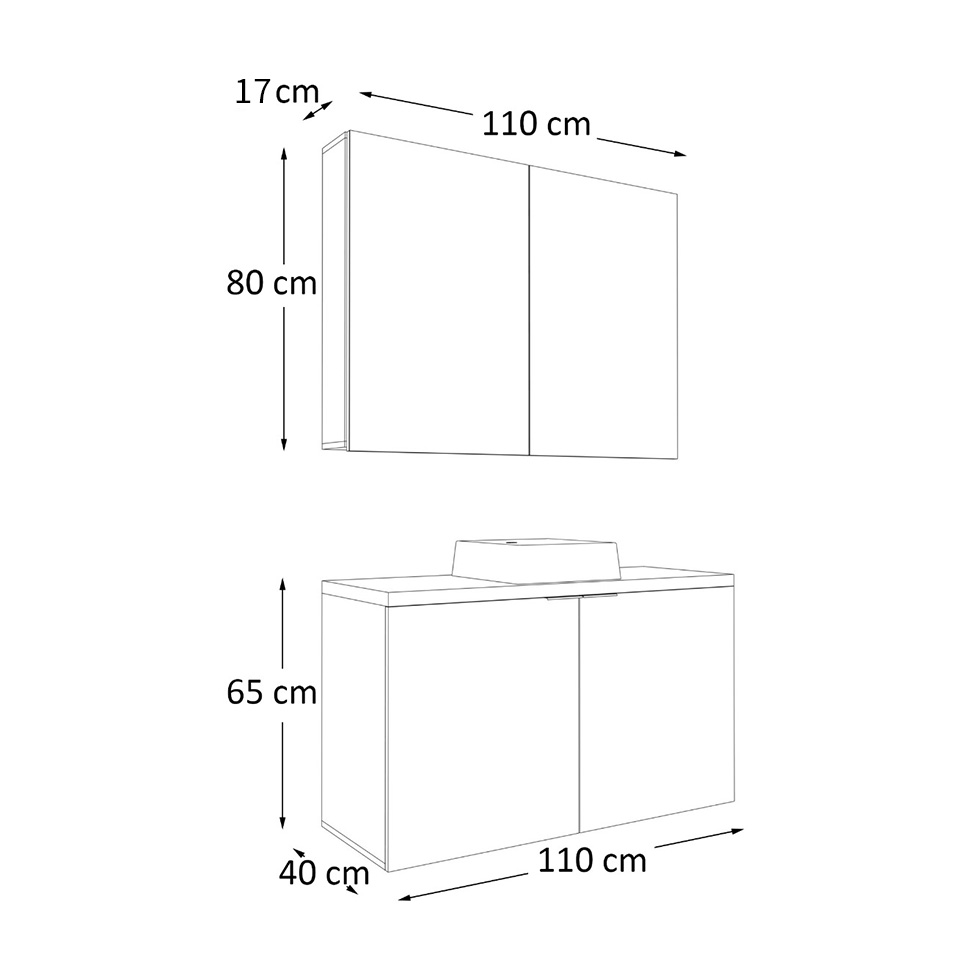 Conjunto de Gabinete e Armário de Banheiro com Espelho Nature 4 Portas Carvalho e Branco 110 cm