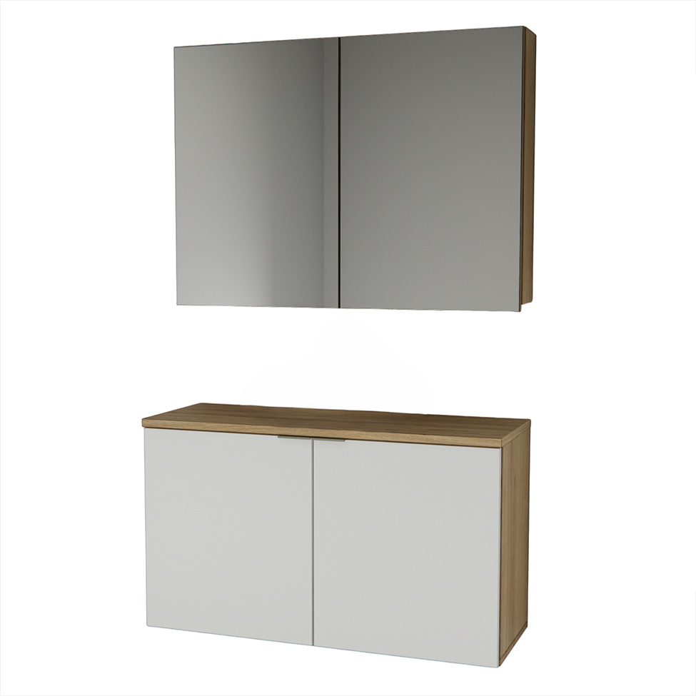 Conjunto de Gabinete e Armário de Banheiro com Espelho Nature 4 Portas Carvalho e Branco 110 cm