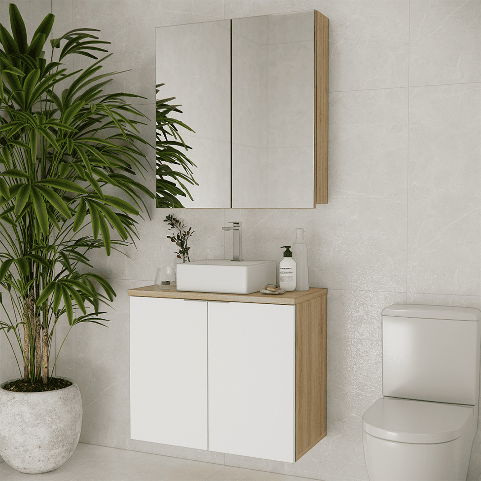 Conjunto de Gabinete e Armário de Banheiro com Espelho Nature 4 Portas Carvalho e Branco 75 cm