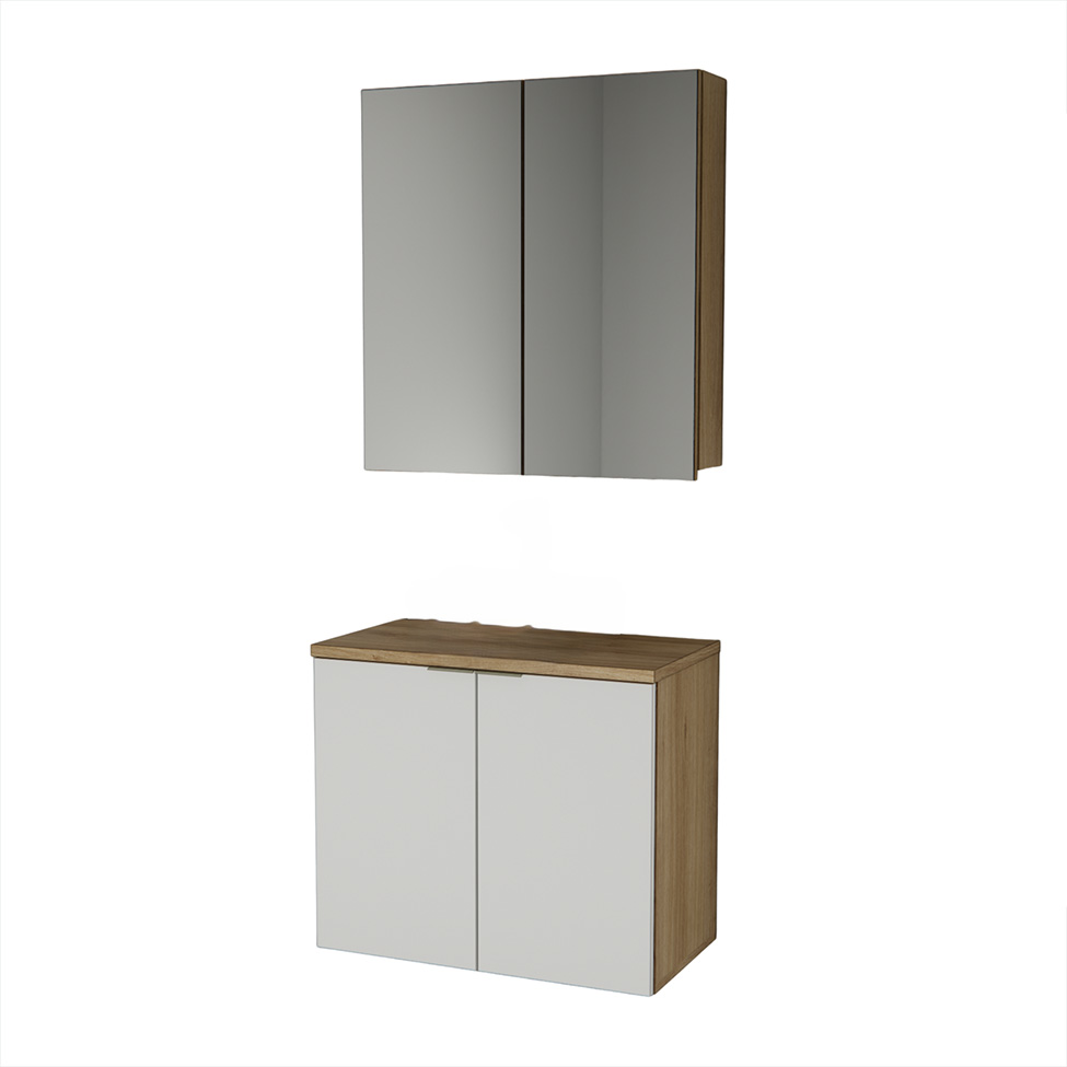 Conjunto de Gabinete e Armário de Banheiro com Espelho Nature 4 Portas Carvalho e Branco 75 cm