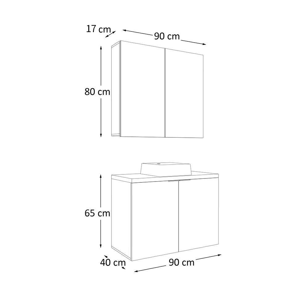 Conjunto de Gabinete e Armário de Banheiro com Espelho Nature 4 Portas Carvalho e Branco 90 cm