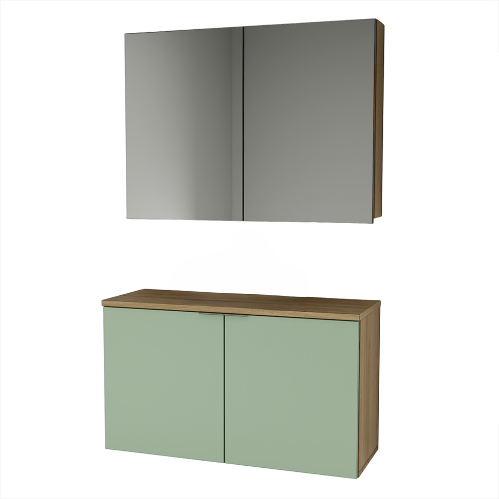 Conjunto de Gabinete e Armário de Banheiro com Espelho Nature 4 Portas Carvalho e Verde 110 cm