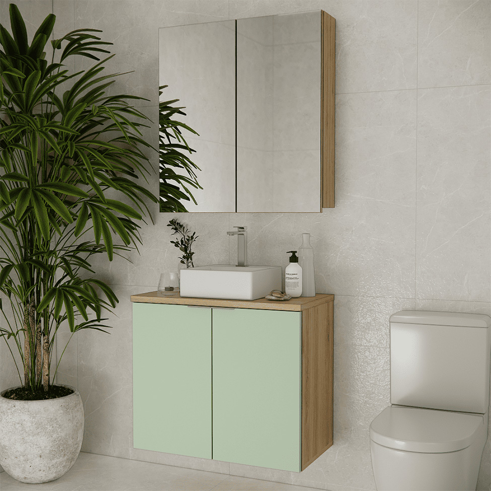 Conjunto de Gabinete e Armário de Banheiro com Espelho Nature 4 Portas Carvalho e Verde 75 cm