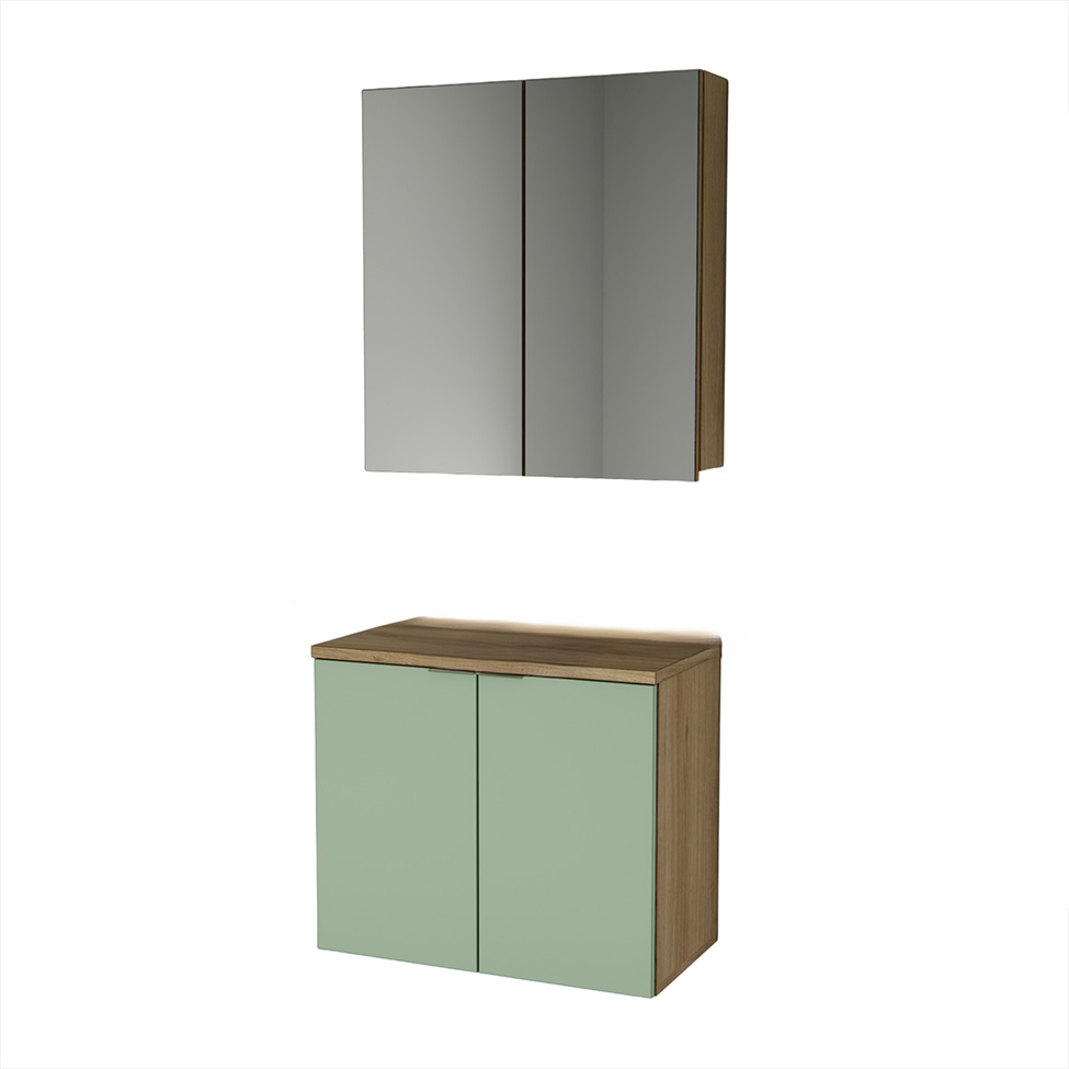 Conjunto de Gabinete e Armário de Banheiro com Espelho Nature 4 Portas Carvalho e Verde 75 cm