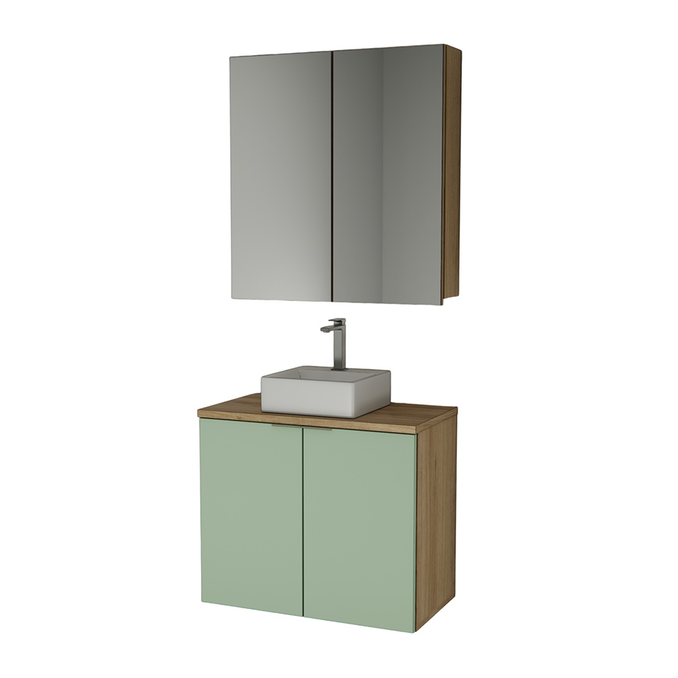 Conjunto de Gabinete e Armário de Banheiro com Espelho Nature 4 Portas Carvalho e Verde 75 cm