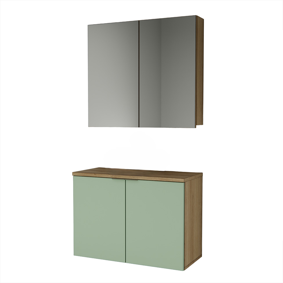 Conjunto de Gabinete e Armário de Banheiro com Espelho Nature 4 Portas Carvalho e Verde 90 cm