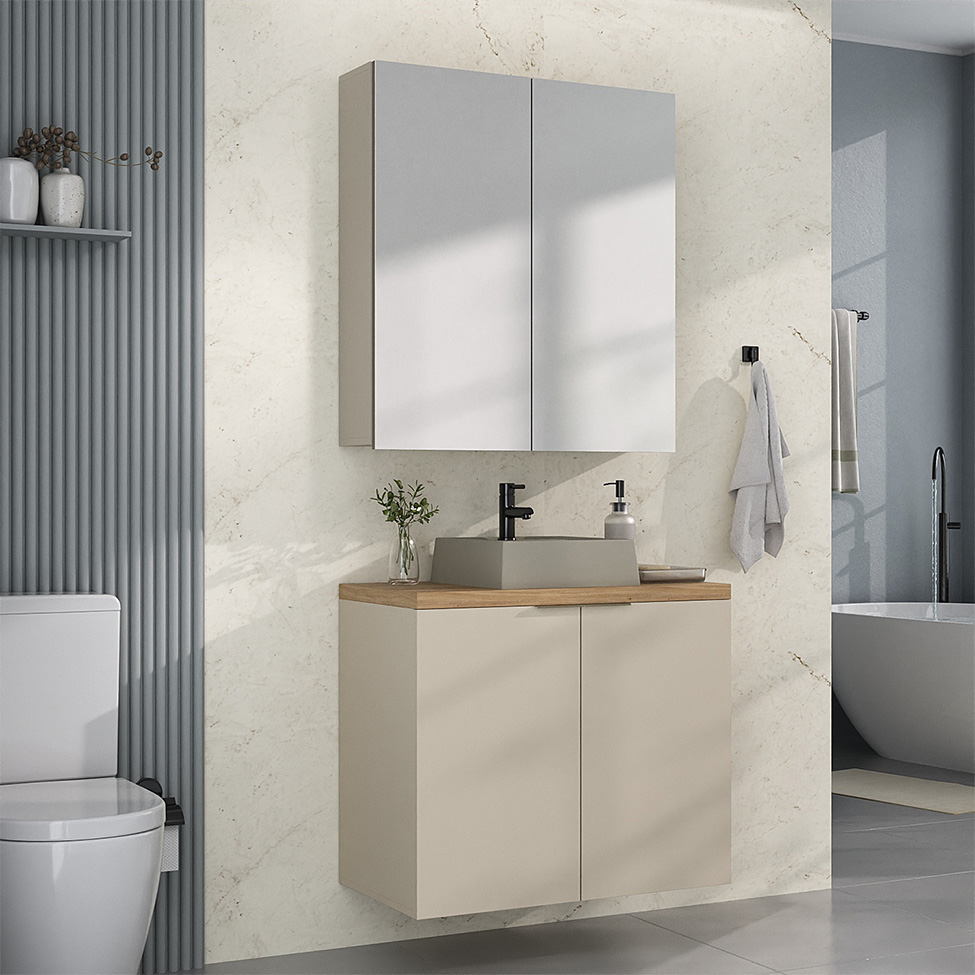 Conjunto de Gabinete e Armário de Banheiro com Espelho Nature 4 Portas Nude e Carvalho 75 cm