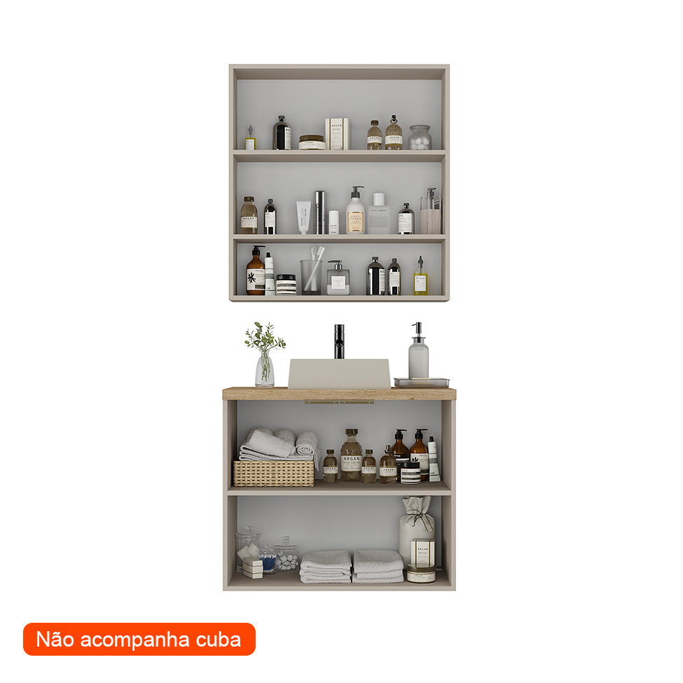 Conjunto de Gabinete e Armário de Banheiro com Espelho Nature 4 Portas Nude e Carvalho 75 cm