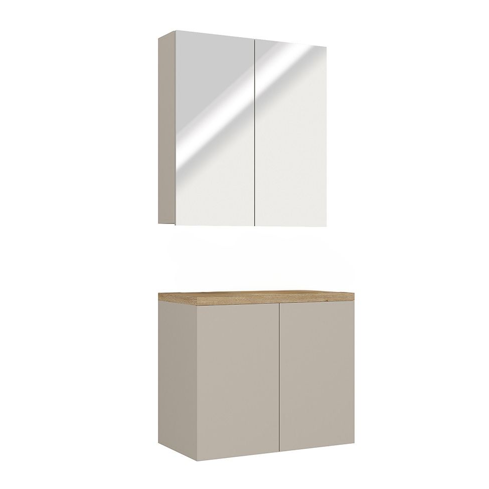 Conjunto de Gabinete e Armário de Banheiro com Espelho Nature 4 Portas Nude e Carvalho 75 cm