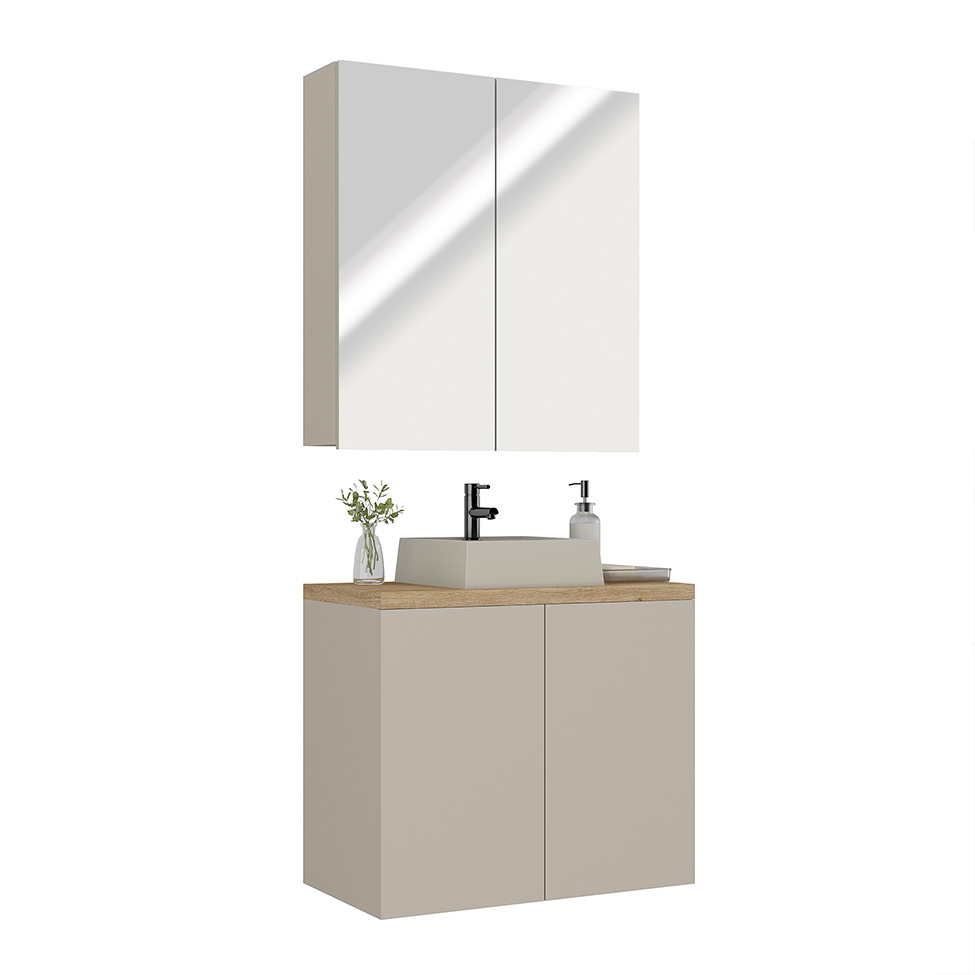 Conjunto de Gabinete e Armário de Banheiro com Espelho Nature 4 Portas Nude e Carvalho 75 cm