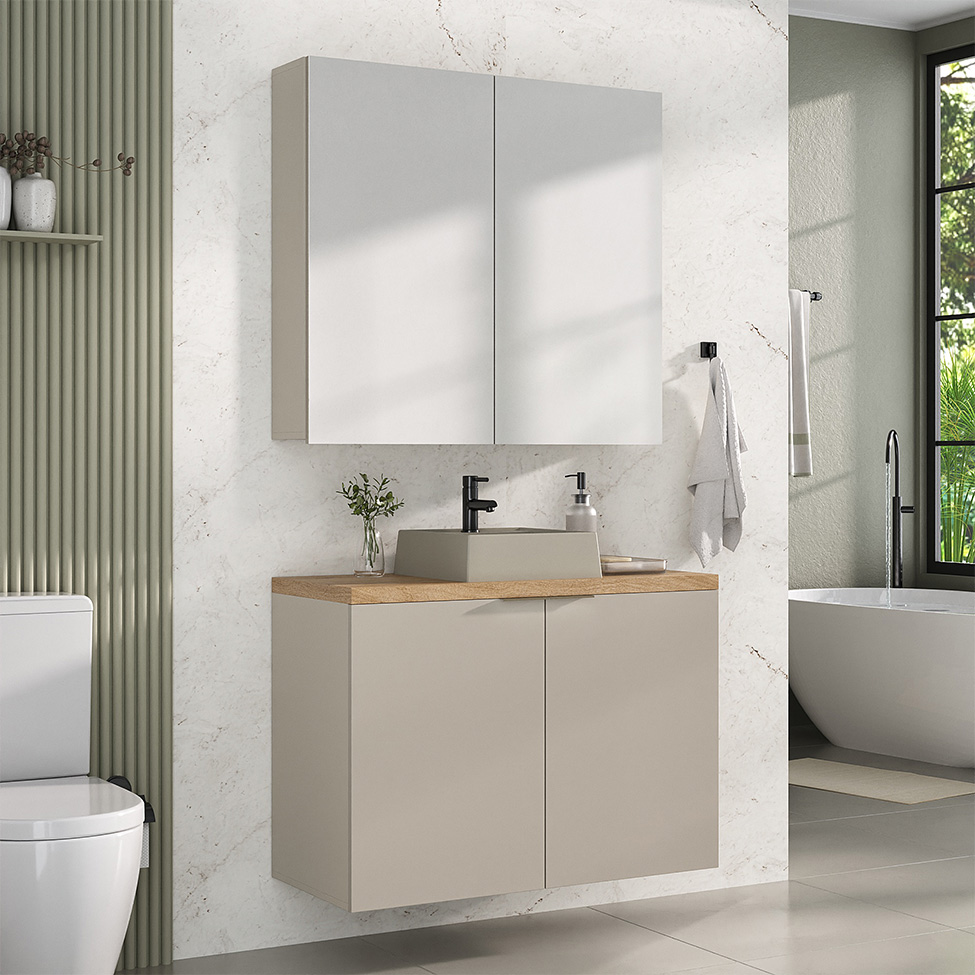 Conjunto de Gabinete e Armário de Banheiro com Espelho Nature 4 Portas Nude e Carvalho 90 cm