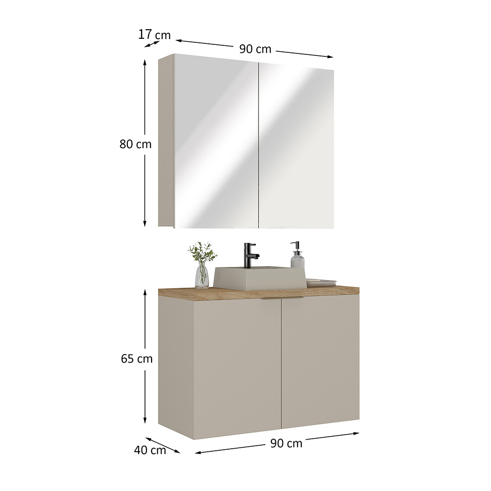 Conjunto de Gabinete e Armário de Banheiro com Espelho Nature 4 Portas Nude e Carvalho 90 cm