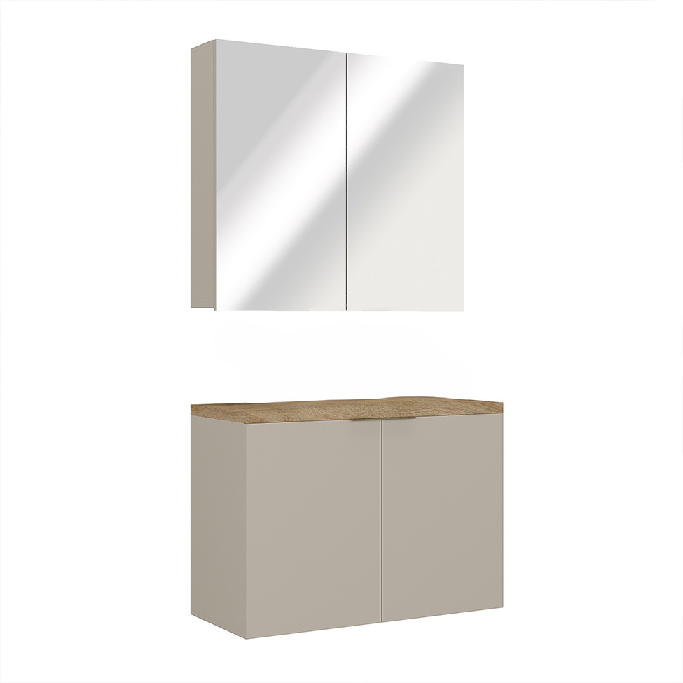 Conjunto de Gabinete e Armário de Banheiro com Espelho Nature 4 Portas Nude e Carvalho 90 cm