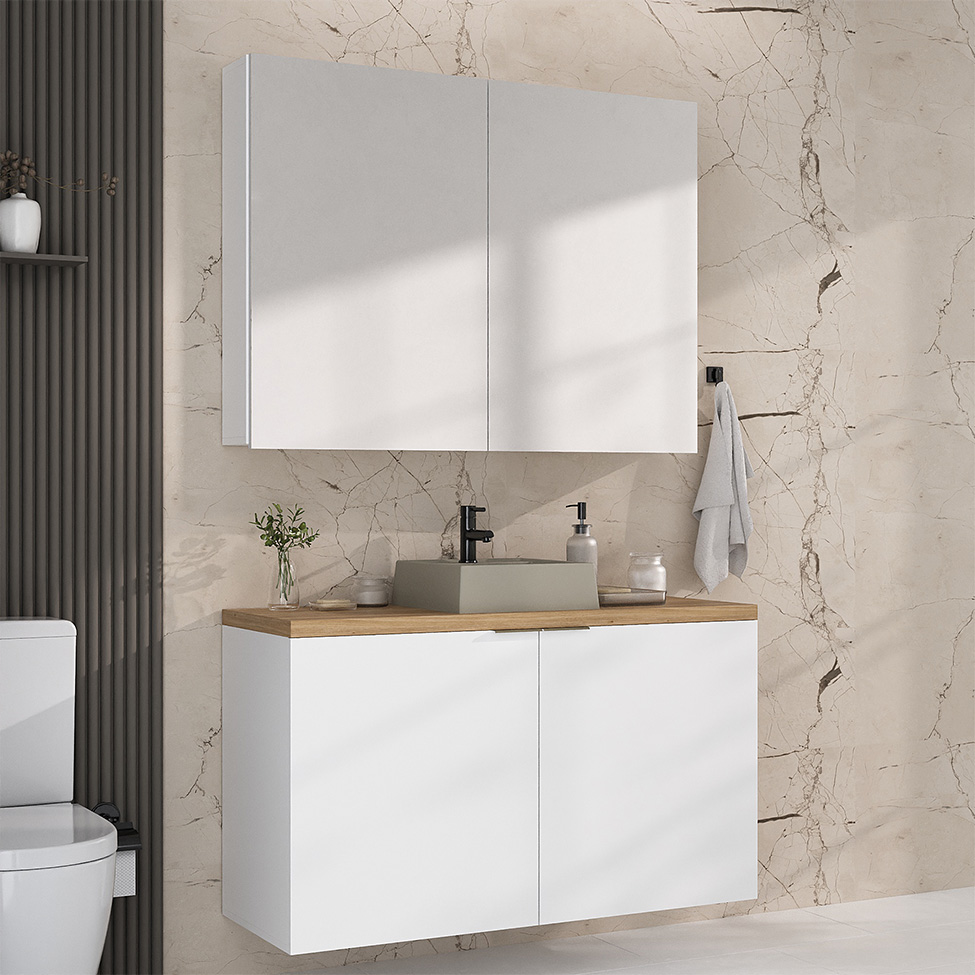 Conjunto de Gabinete e Armário de Banheiro com Espelho Nature I 4 Portas Branco 110 cm