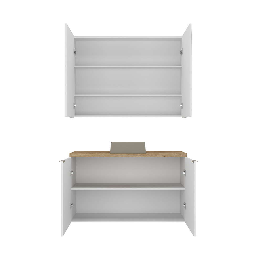 Conjunto de Gabinete e Armário de Banheiro com Espelho Nature I 4 Portas Branco 110 cm