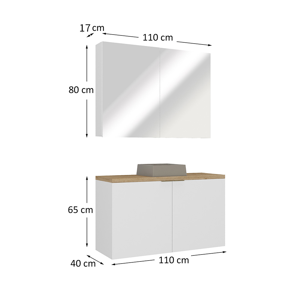 Conjunto de Gabinete e Armário de Banheiro com Espelho Nature I 4 Portas Branco 110 cm