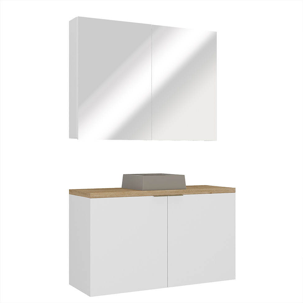 Conjunto de Gabinete e Armário de Banheiro com Espelho Nature I 4 Portas Branco 110 cm