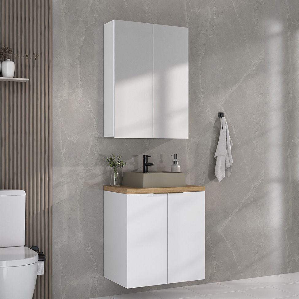 Conjunto de Gabinete e Armário de Banheiro com Espelho Nature I 4 Portas Branco 60 cm